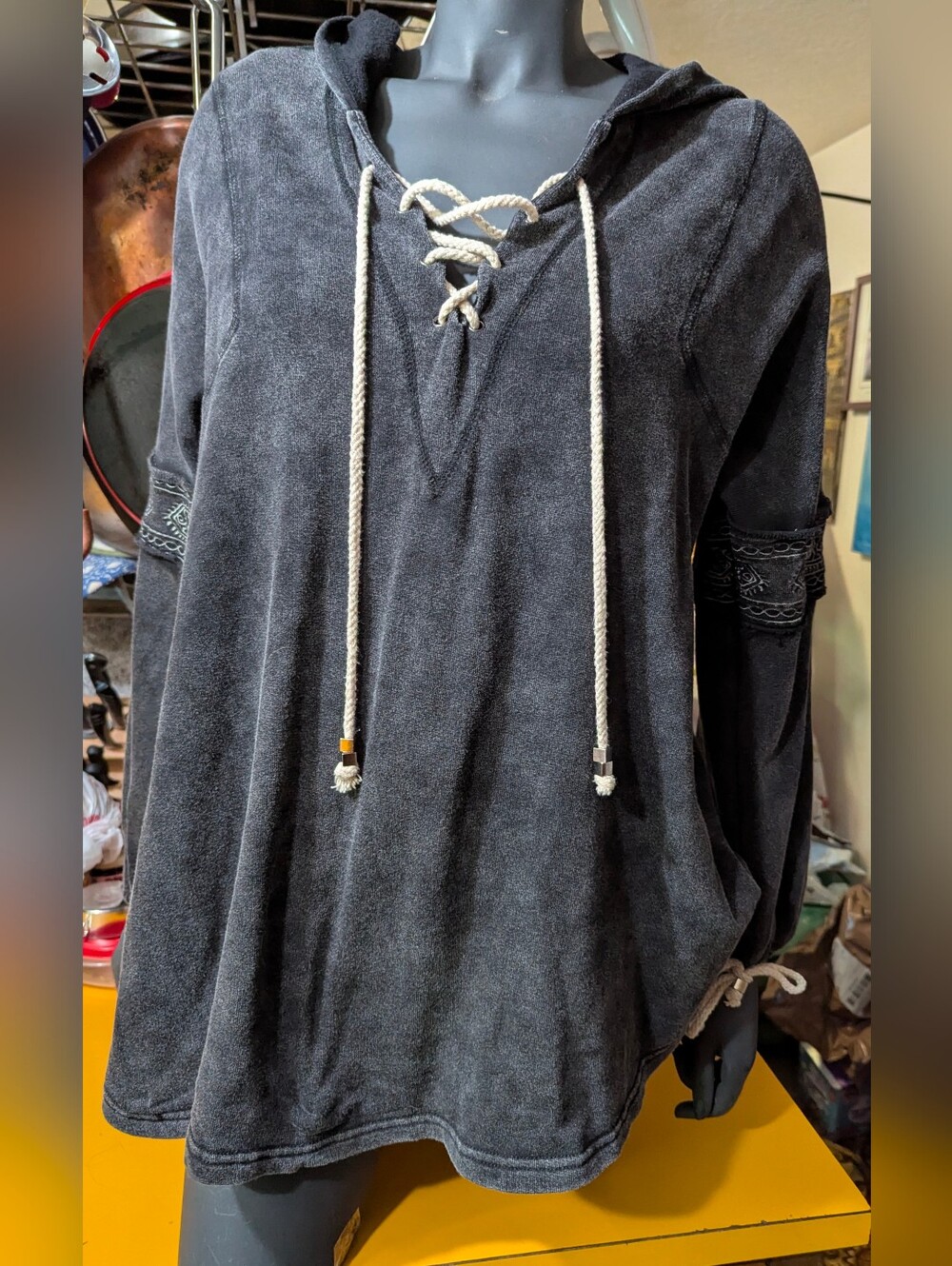 POL Charcoal Lace-Up Hooded Pullover with Rope Ties
